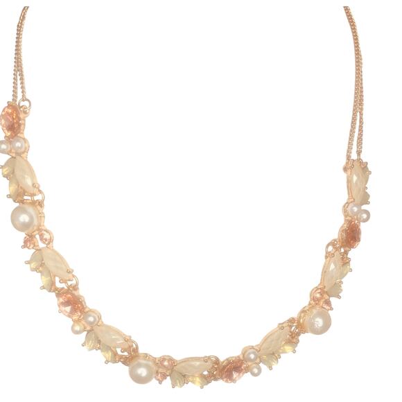 Statement Necklace Faux Pearls, Peach and White Crystals 16” w/ 4” ext - Picture 5 of 6